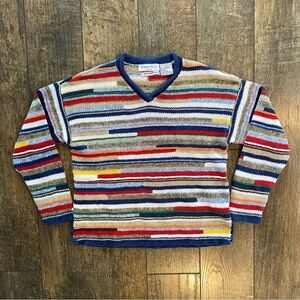 vtg linen/cotton primary rainbow striped hand-knit fisherman sweater
